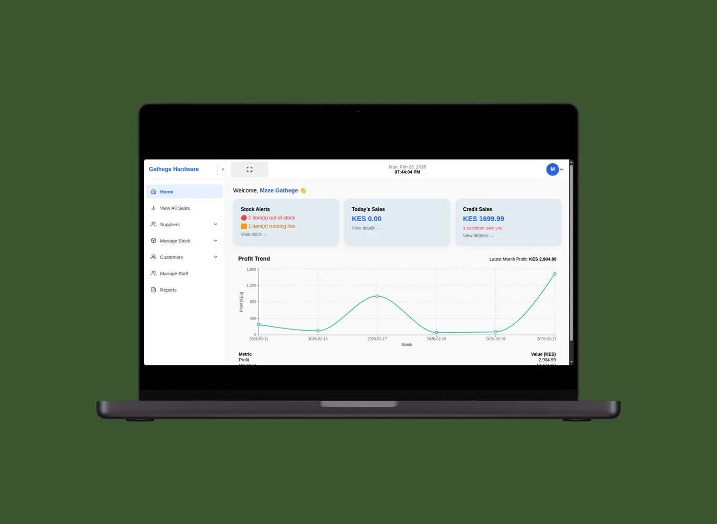 Azani SmartDuka sales dashboard shown on a laptop