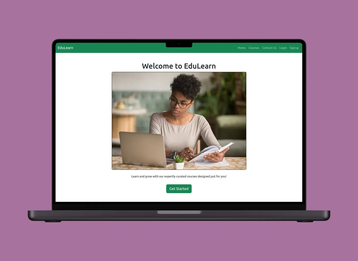 EduLearn course platform homepage with featured lesson