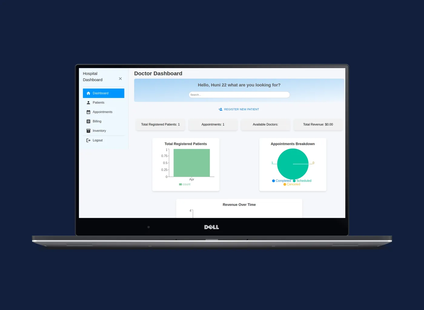 Hospital management dashboard with patient and appointment overview